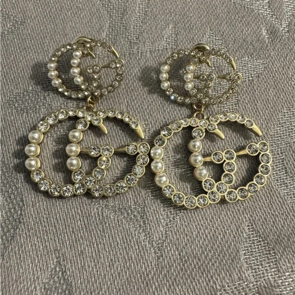 Gucci Crystal and Gold Tone Large Faux Pearl Earrings